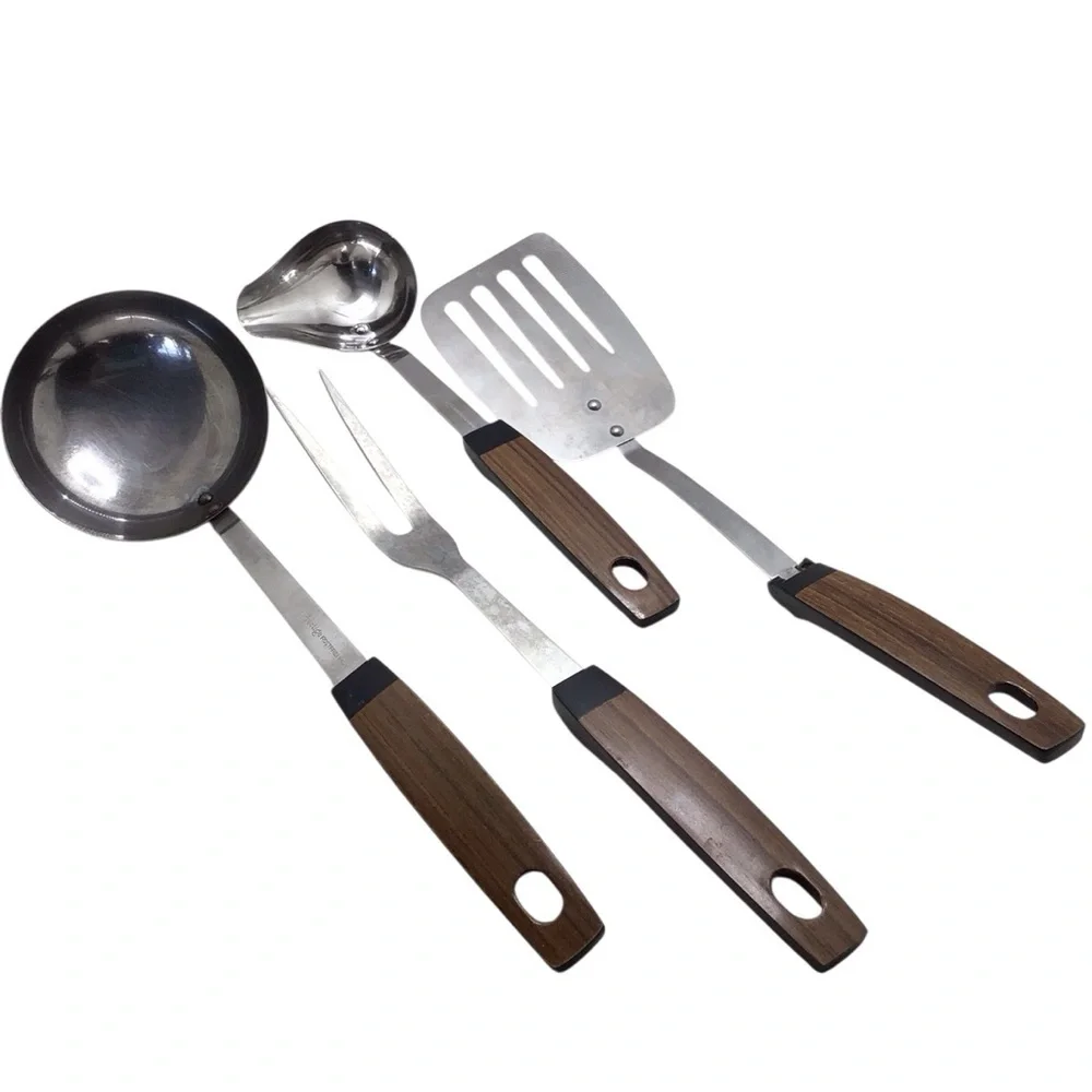 Vintage Prestige Rostfrei Inox 4pc Utensil Set Ladles Spatula Fork Wood Look